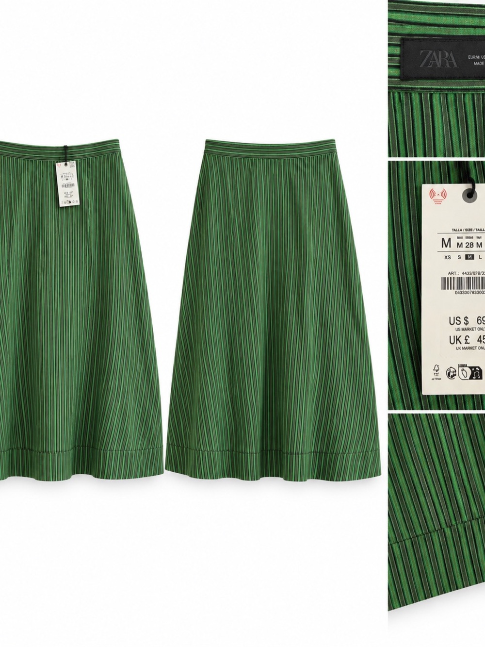 ZARA Green Pinstripe Midi Skirt with Subtle Black Stripes